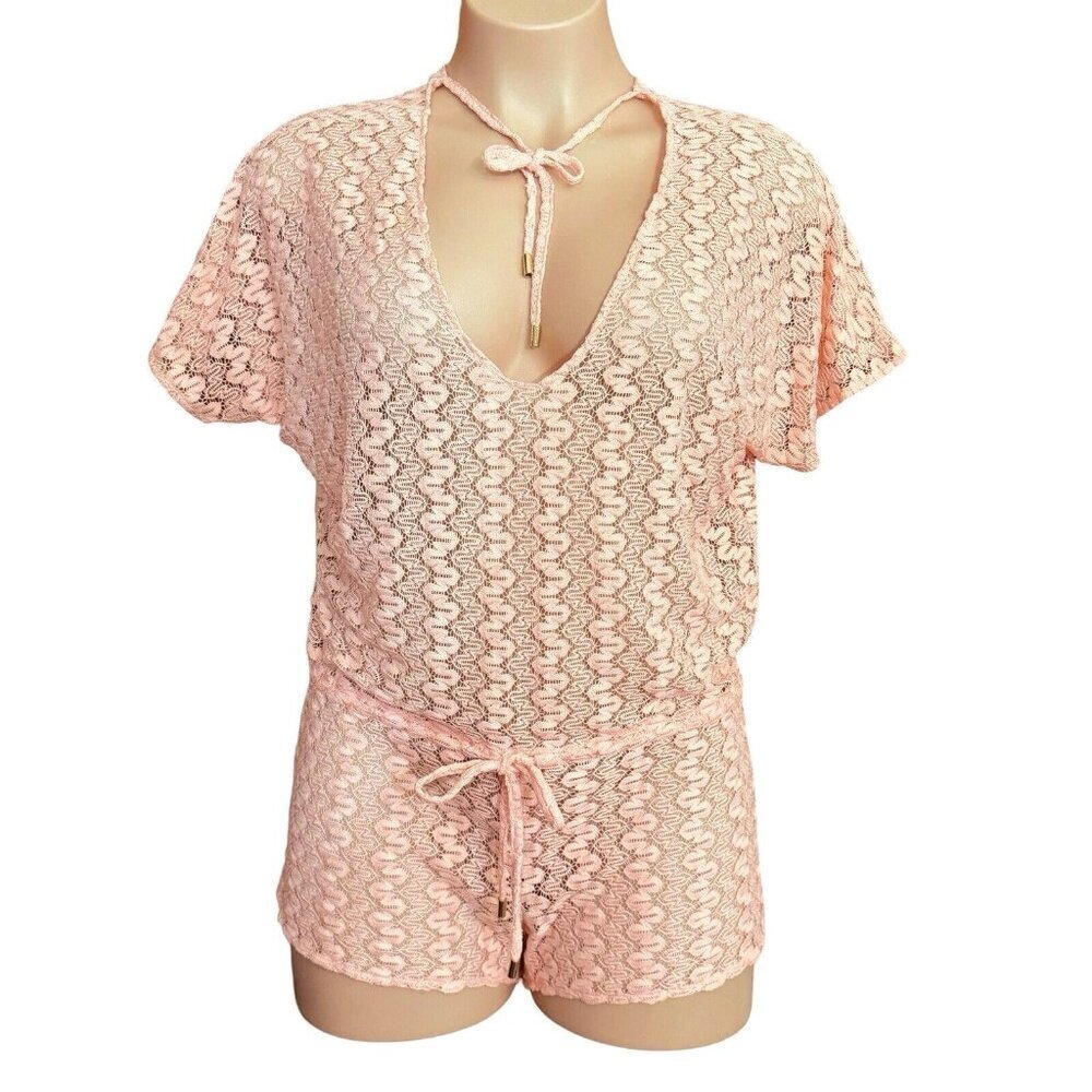 MELISSA ODABASH Lace Beach Cover-Up Women‎ Small Peach Sheer Summer Romper Italy
